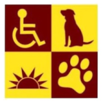 PawPADs logo: Maroon and Gold with 4 squares containing wheelchair, dog silhouette, sunrise, paw print.