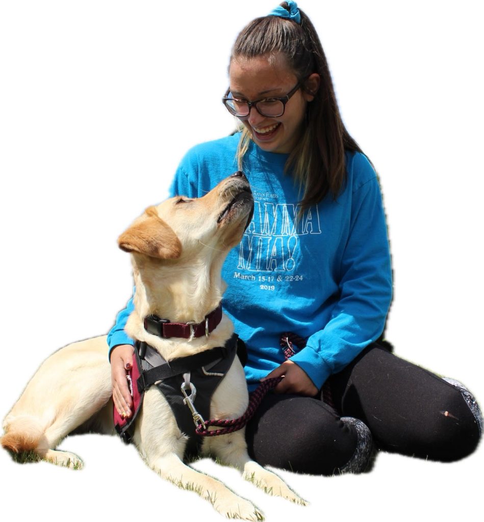 A woman sitting on the ground smiles at a yellow lab wearing a harness.